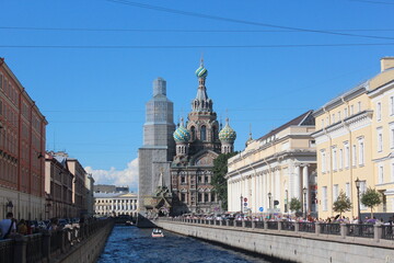 Naklejka premium St Petersburg Nevski Prospect, Neva River view, Kazan Cathedral, Bloody Church, Singer Building, Smol'nyy Cathedral view, Hermitage Museum, Voskresenia Khristova Church. St. Petersburg Russia