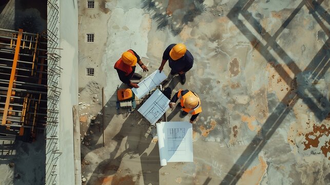 Top down aerial view of architect engineer team shake hands and discussing about building construction Group of diverse people working together to plan and design by using blueprint Al : Generative AI