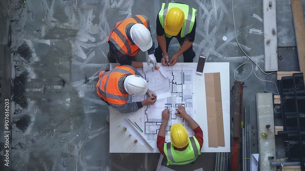 Poster top aerial view of project manager or civil engineer writing at blueprint and planning building desi