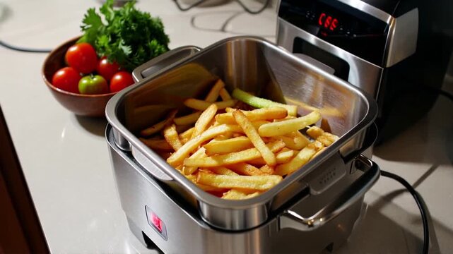 Golden french fries frying in a sleek stainless steel air fryer on a modern kitchen counter with fresh vegetables