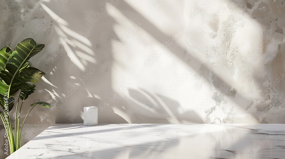 Poster marble table with white stucco wall texture background with light beam and shadow suitable for produ