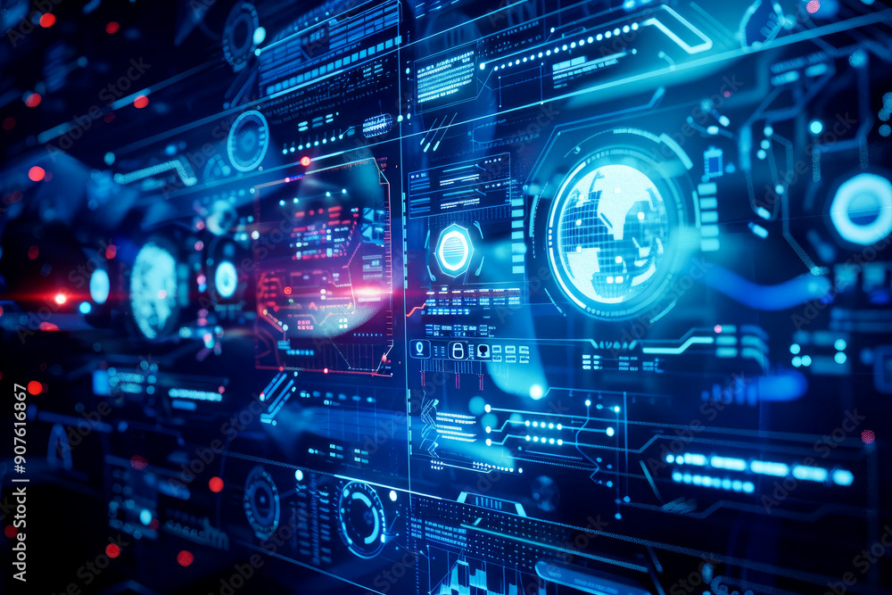 Poster a high-tech digital interface showcasing futuristic cybersecurity elements with blue tones and holog