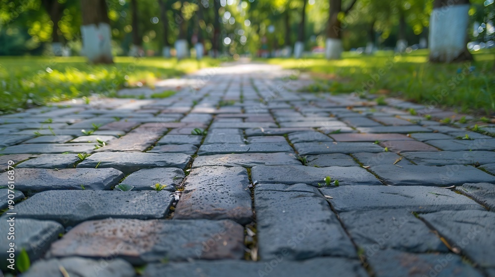 Poster laying stones on a walking path red brick for the path landscaping the path with cubes of gray and r