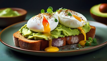 Healthy avocado toast with poached eggs