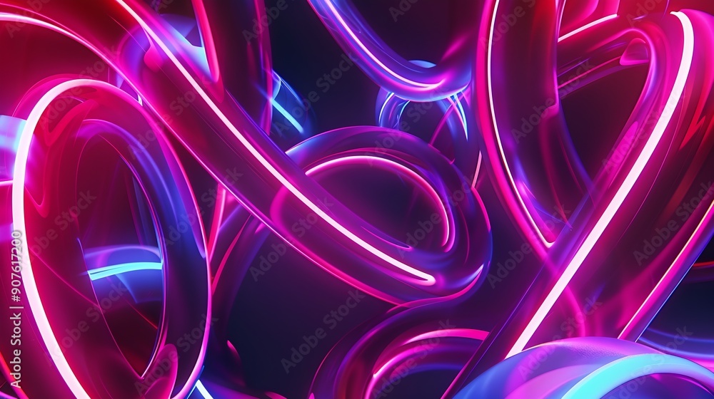 Aufkleber Abstract curly elements with neon led illumination Retro futurism background : Generative AI