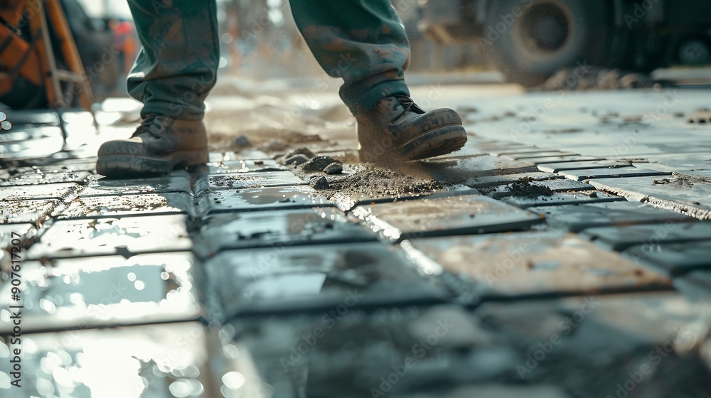 Poster process of building sidewalk worker laying interlocking walking path industrial concept : generative