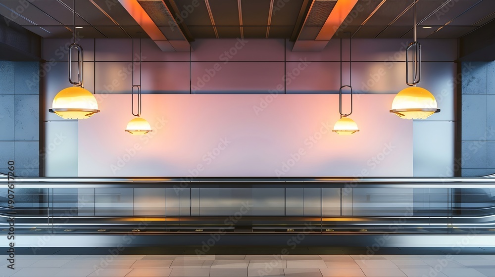 Aufkleber mock up horizontal large billboard on the wall near escalator in shopping mall four lamps hanging on