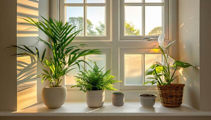 A collection of potted plants on a window sill, bathed in the golden glow of the setting sun. Generated by AI.
