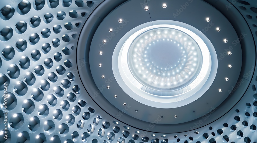 Poster lighting fixture built in ceiling round architectural detail framgent of minimal interior design clo