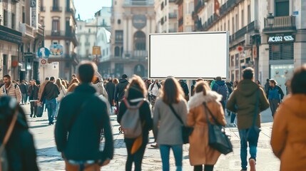 Obraz premium Blank advertising billboard mockup in a busy madrid city square with blurred pedestrians and historical architecture : Generative AI