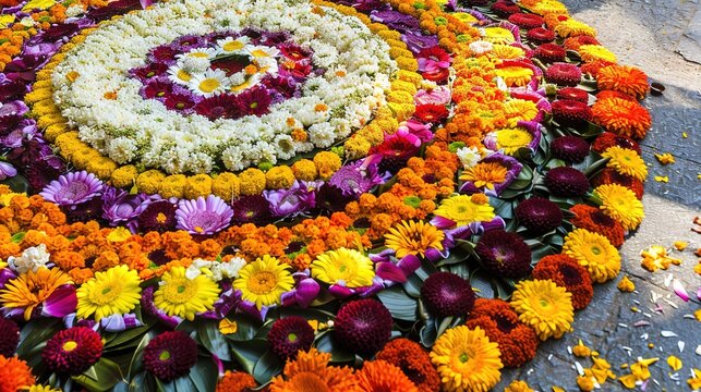 Onam Indian Festival: The National Festival of Kerala with Traditional Pookalam at Ayyappa Temple