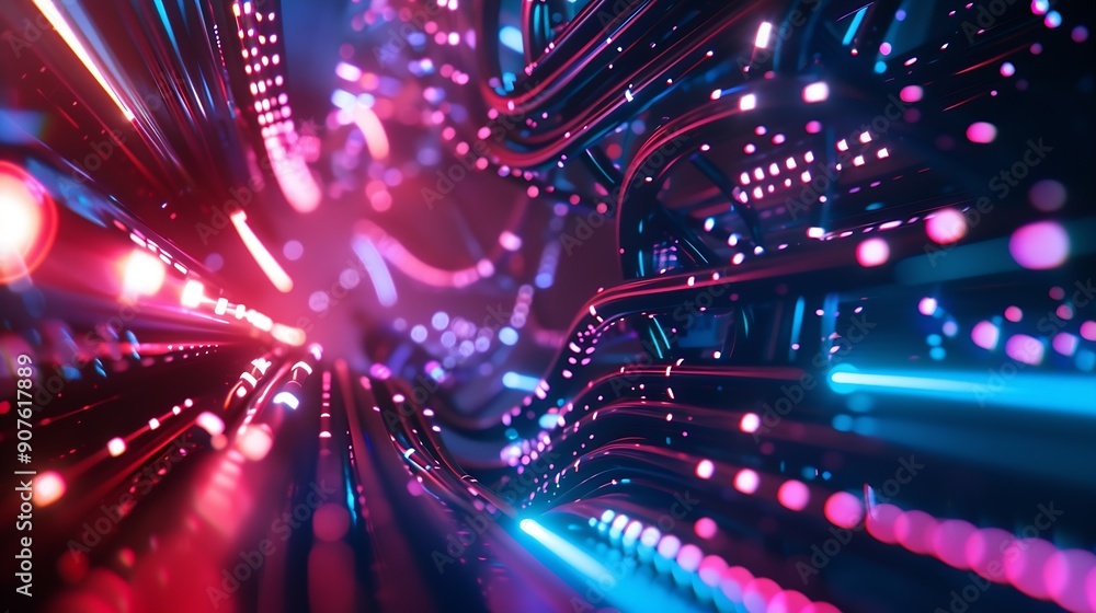 Aufkleber Colorful motion elements with neon led illumination Abstract futuristic background : Generative AI