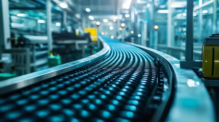 An empty conveyor belt of a production line part of industrial equipment in a factory plant showcasing an automatic system line