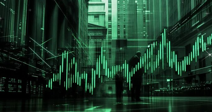 a modern web chart of the S&P 500 dark with green lines, faded background of the NYSE floor 3840 x 2160 pixels 4k