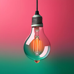 A clear glass light bulb hangs from a grey and black socket, against a vibrant pink background