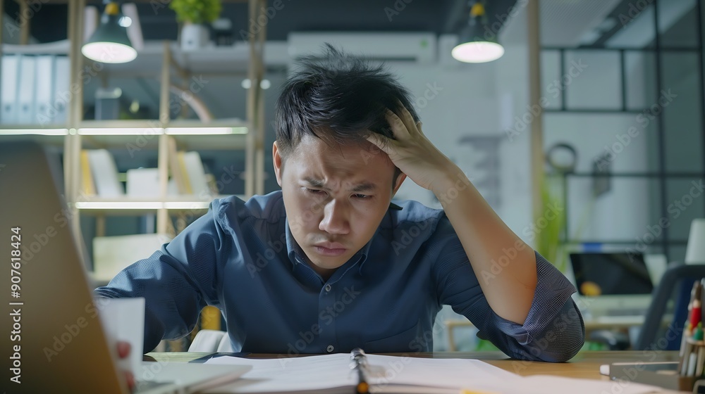 Poster frustrated asian young businessman worker working on table in office busy employee worker people fee