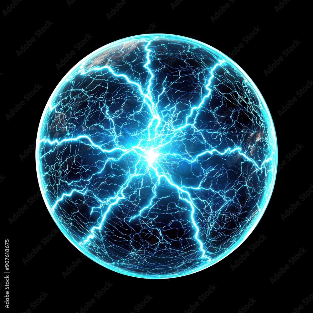 Poster blue electric sphere with dynamic sparks creating a futuristic and vibrant effect.