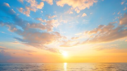 Fototapeta premium Horizon Sea Sky Background Sunset sky clouds over sea in the evening with Orange Yellow sunlight Golden hour in Summer landscape Dusk sky seascape backgrounds : Generative AI
