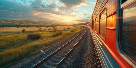 Train traveling through scenic countryside during sunset, capturing the beauty of rural landscapes and the excitement of travel.