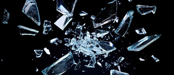 Shattering glass fragments midair captured in high detail with a black background.