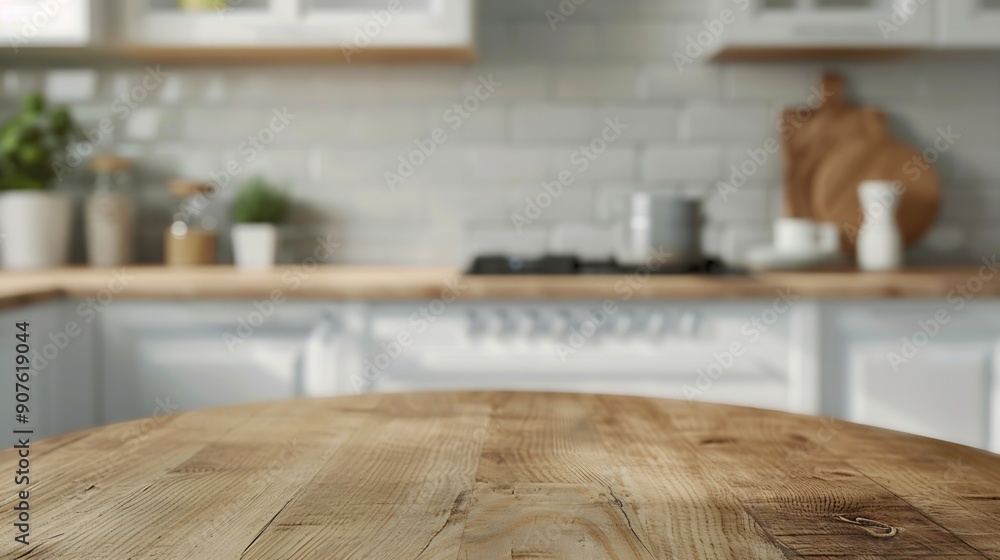 Poster empty beautiful round wood tabletop counter on interior in clean and bright kitchen background ready