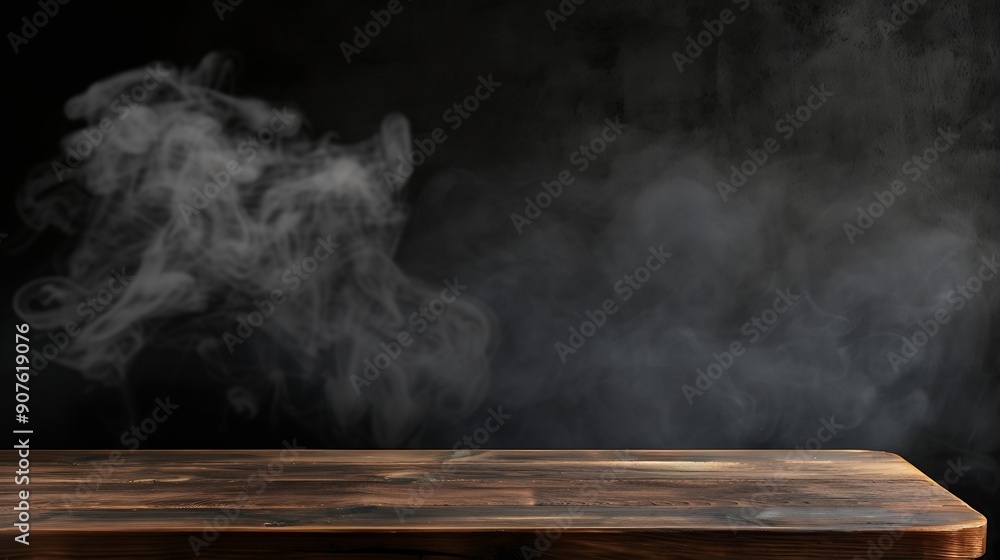 Poster on a black background an empty wooden table with smoke floats up empty space for displaying your pro