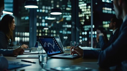 Meeting laptop and team of business people in office at night with stock market charts for investment Discussion computer and financial advisors working on company profit report with d : Generative AI