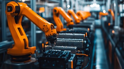 Automated EV battery pack production line featuring orange advanced robot arms A row of robotic arms assembles batteries for the automotive industry inside a bright electric car smart