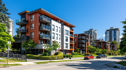 New Modern Apartment Buildings in Vancouver BC. Canadian modern residential architecture on sunny summer day. Nobody, street photo-Vancouver BC. Real estate development, house for sale, housing market