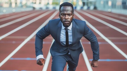 Obraz premium Business start and black man with focus race track and competition with determination run and goal Male person entrepreneur or employee in a suit marathon and runner with a challenge a : Generative AI