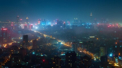 Fototapeta premium Nighttime Cityscape with Fog