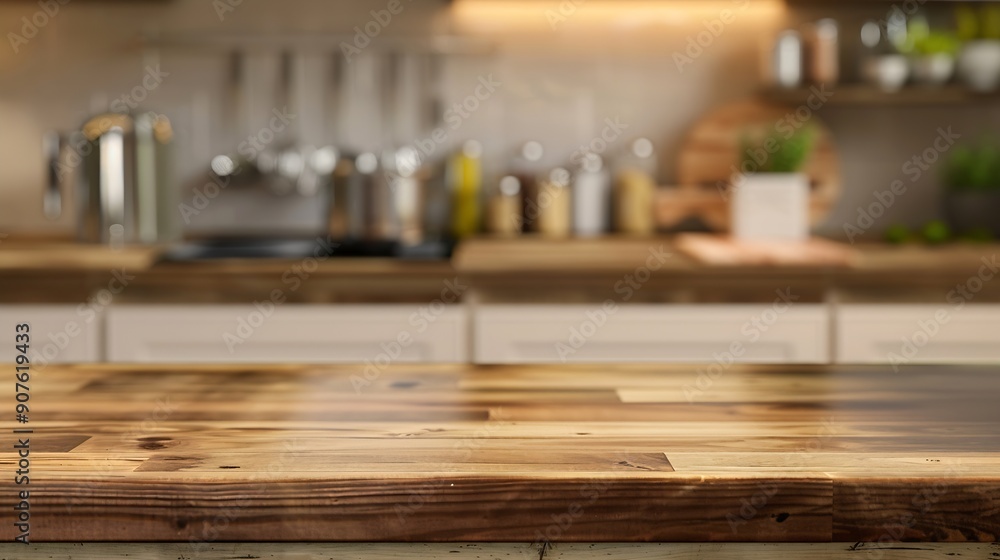 Poster wood table top on blurred kitchen background can be used mock up for montage products display or des