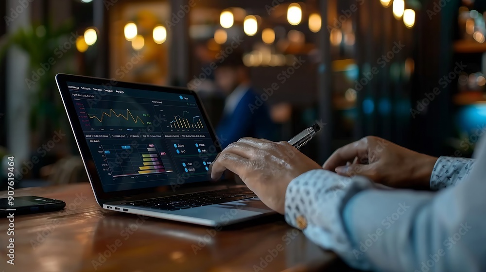 Aufkleber businessman works on laptop showing 2024 business trends dashboard with charts metrics ai ecommerce 