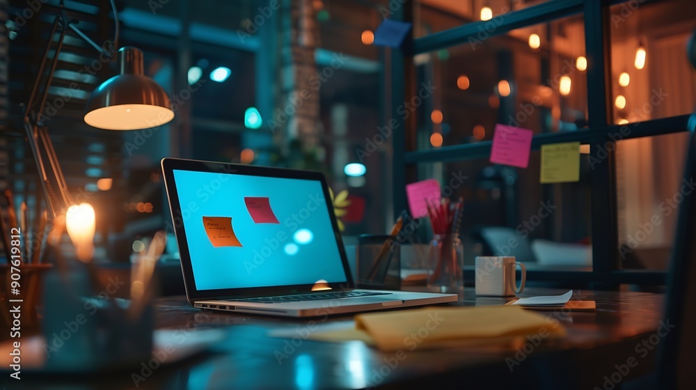 Aufkleber Sticky note for creative and analytic brainstorm for business idea with BI data dashboard on laptop screen Analysis financial data visualization tech for marketing strategy Prodigy : Generative AI
