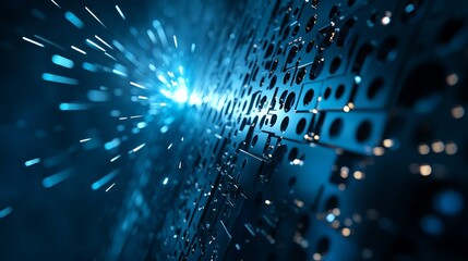 Blue laser CNC cutting of metal with light sparks showcasing modern industrial technology in a banner background