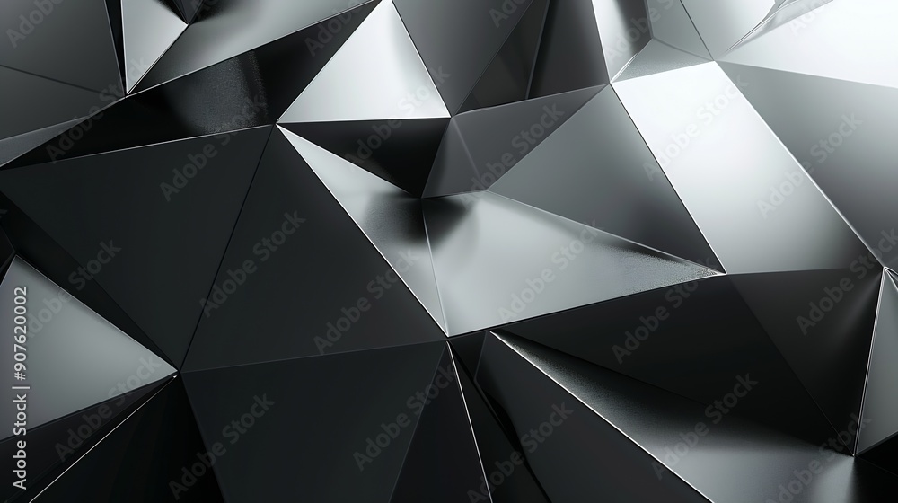 Poster Black white abstract background Geometric shape Lines triangles 3d effect Light glow shadow Gradient Dark grey silver Modern futuristic : Generative AI