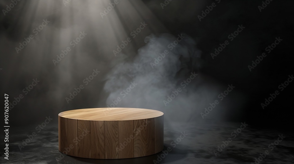 Poster The empty wooden cylinder shape of product display Podium Stand for showing or design blank backdrop dark abstract wall with smoke float up Platform illuminated by spotlights : Generative AI