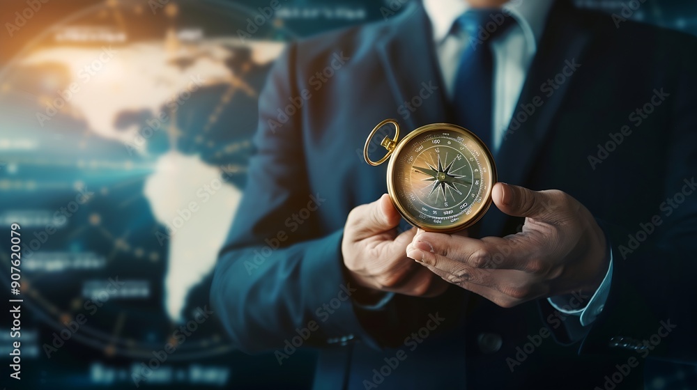 Poster business growth purpose and direction for business development businessman with compass navigator an