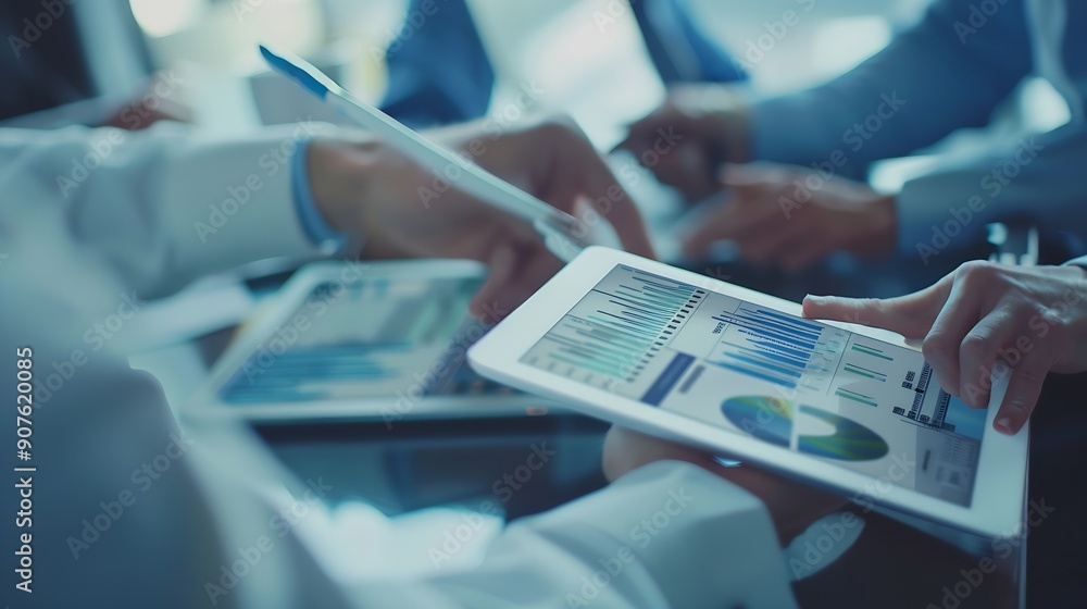 Poster Business team using tablet and laptop analyzing sales data economic growth graph chart Business planning and strategy Financial report market research digital marketing business data a : Generative AI