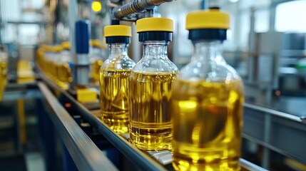 Bottles of cooking oil or sunflower oil move along a production line