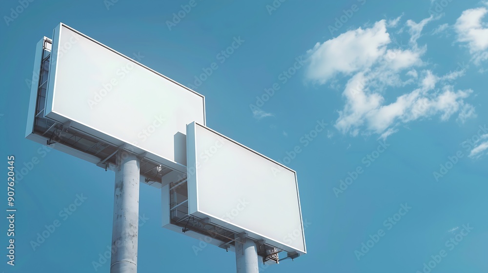 Aufkleber Mock up two white vertical LED display billboard on tower building with blue sky background clipping path for mockup : Generative AI