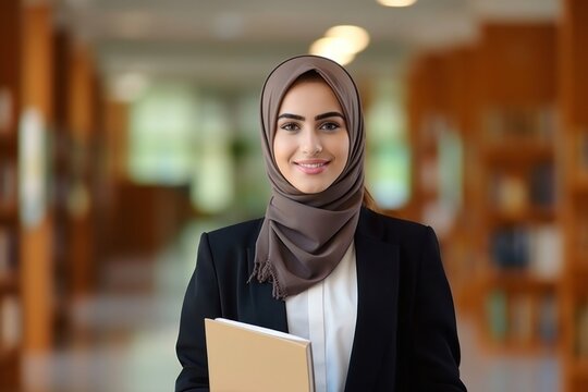 A smile student arab woman holding book portrait intelligence architecture. - Powered by Adobe