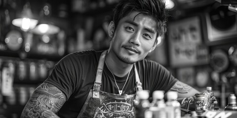 Male tattoo artist sketching a design in a tattoo studio