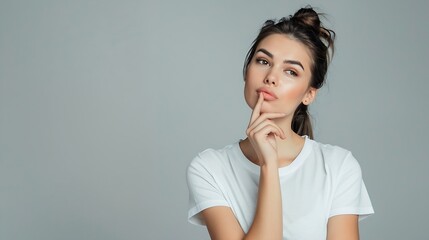 Photo of dreamy charming woman dressed white tshirt finger chin looking empty space isolated grey color background : Generative AI