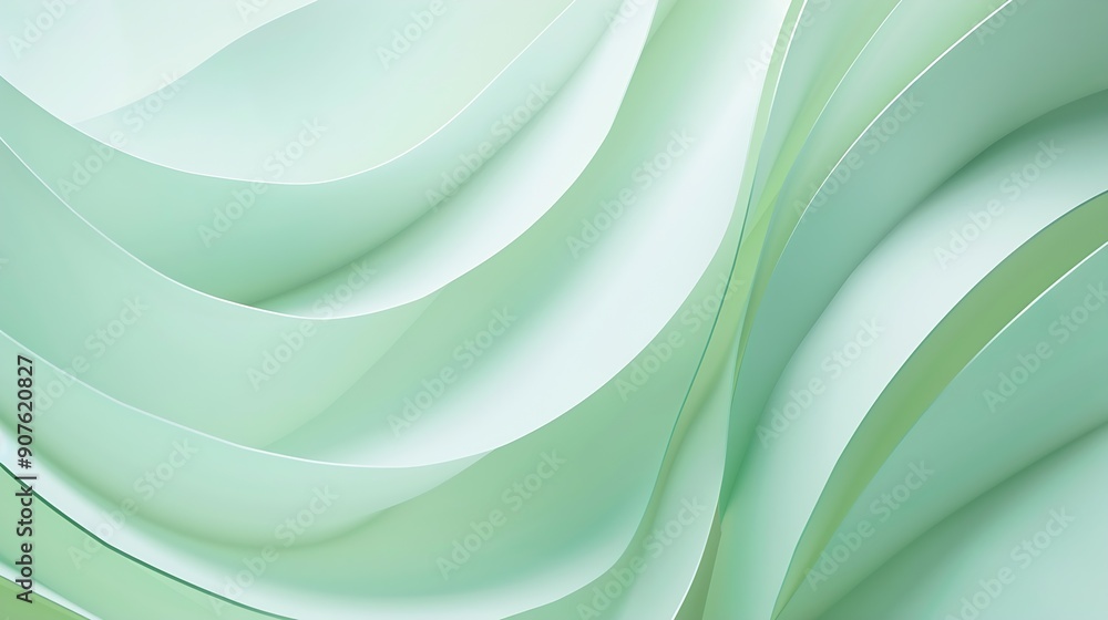Poster Abstract wave of pastel green paper on light blue background Creative geometric curved paper with light and shadows Abstract geometry background with copy space : Generative AI