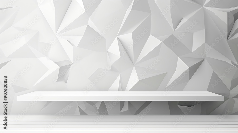 Poster Soft light white abstract stage in elegant futuristic geometric style with simple lines and corners polygons as background with white wood shelf for advertisement presentation products : Generative AI