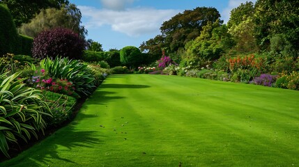 Obraz premium Scenic view of a beautiful English Style landscape garden with a freshly mowed grass Lawn green leafy plants and colourful flower bed garden themed photograph in colour : Generative AI