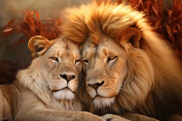 Fototapeta premium Lion cuddling wildlife mammal animal.