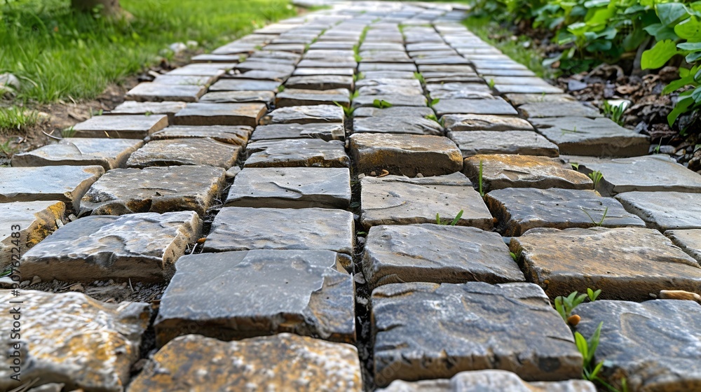 Poster Laying stones on a walking path Red brick for the path Landscaping the path with cubes of gray and red tiles Closeup of the stone slab that paved the road in the park : Generative AI