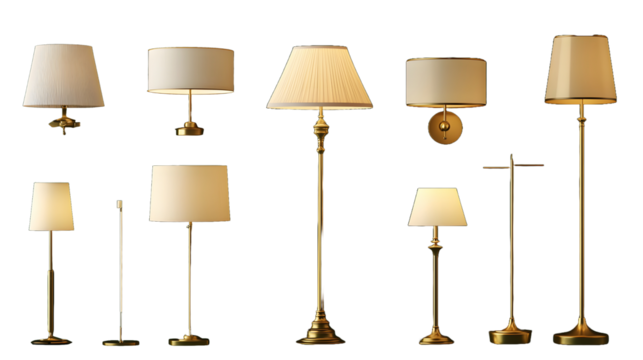 Set of lamps with white shades, different styles and shapes, golden metal bases, transparent background